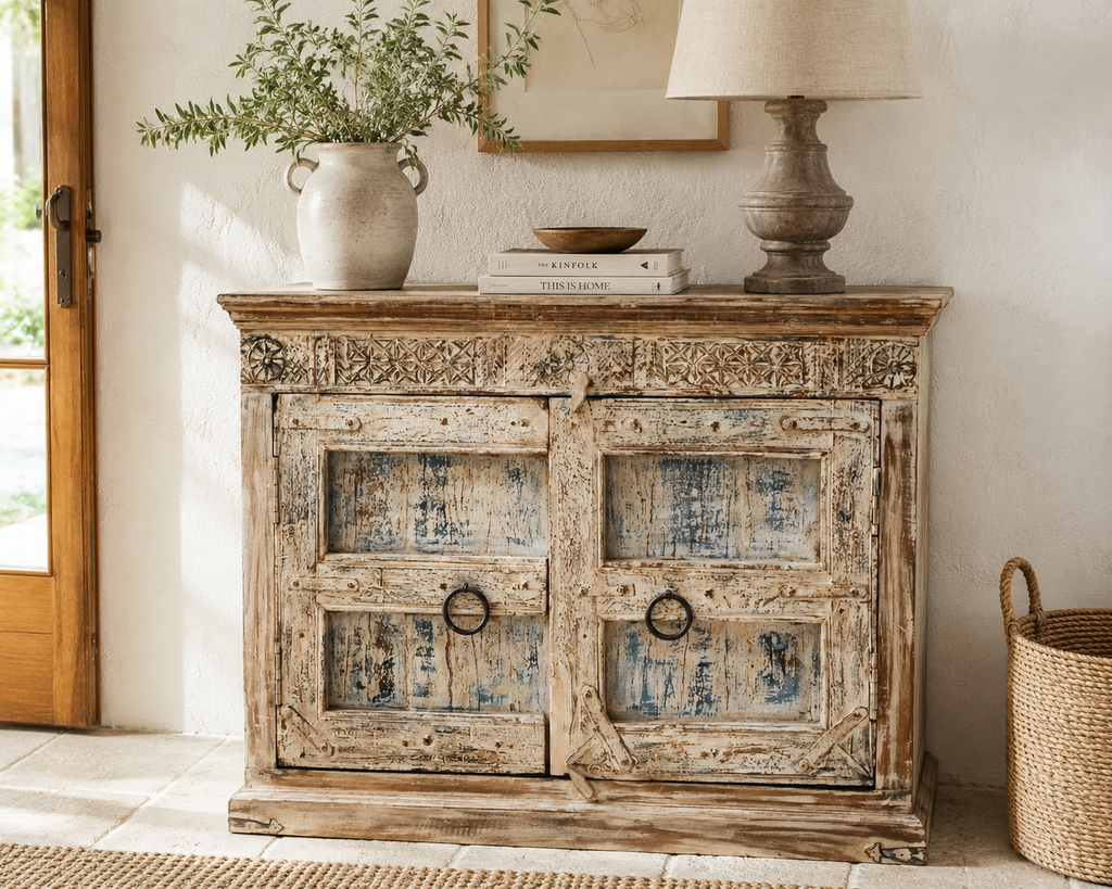 Mueble recibidor tallado a mano en madera de mango maciza - Grace & Co.