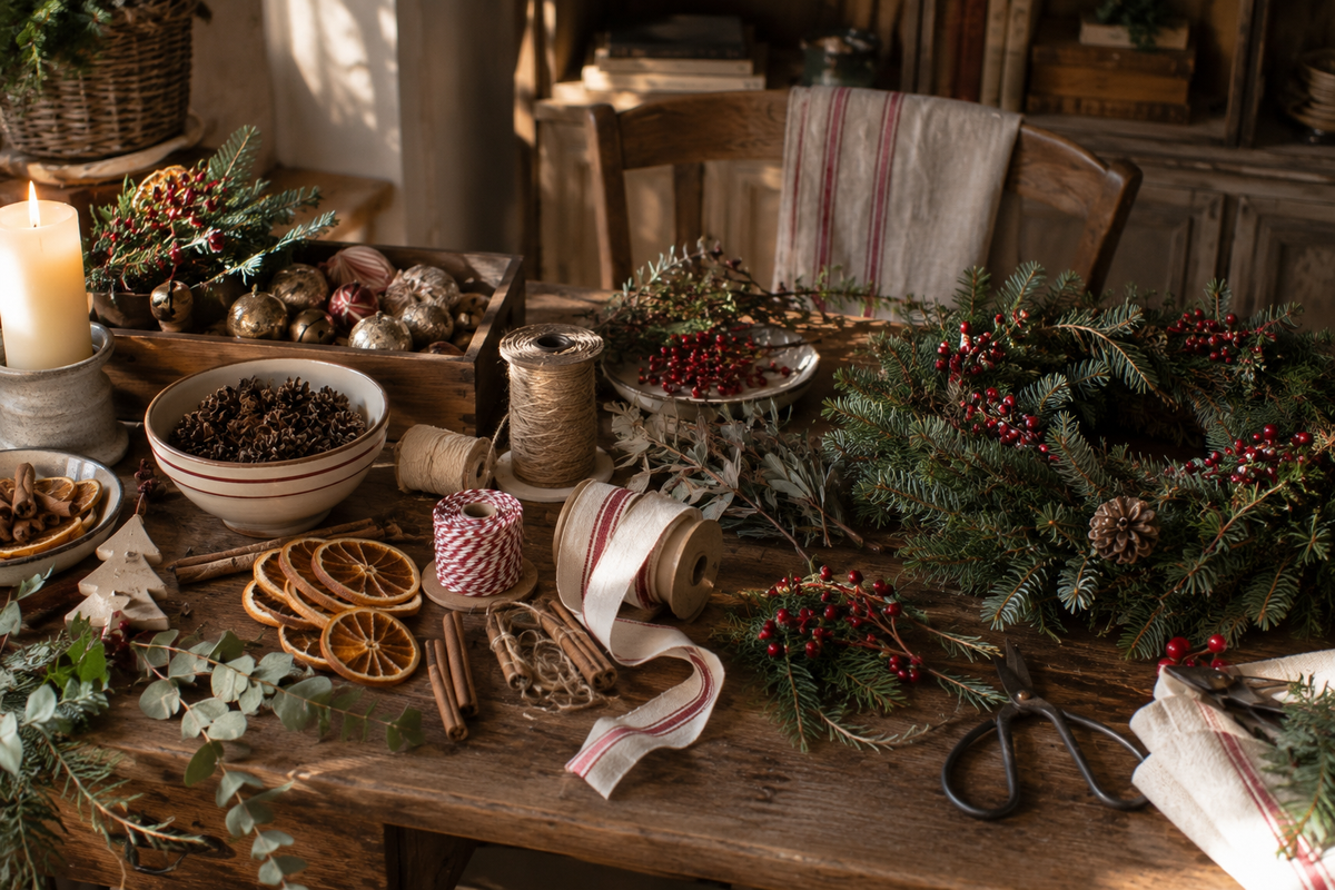 Casa preparada para Navidad con luces, objetos decorativos y mesa puesta