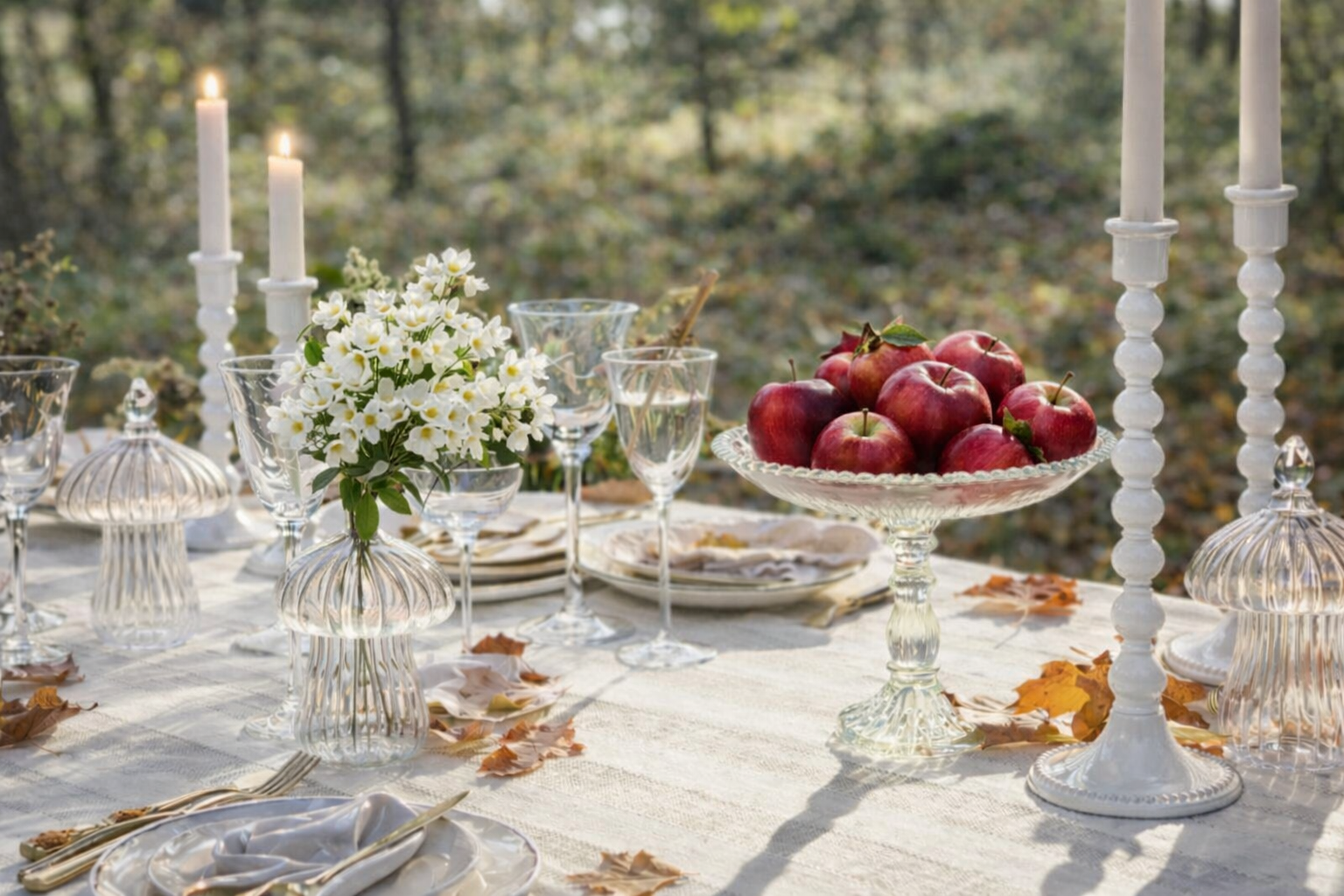 Mesa de comedor al aire libre decorada con candelabros, cristalería artesanal y centro de mesa de cristal, estilo farmhouse elegante, Grace & Co.
