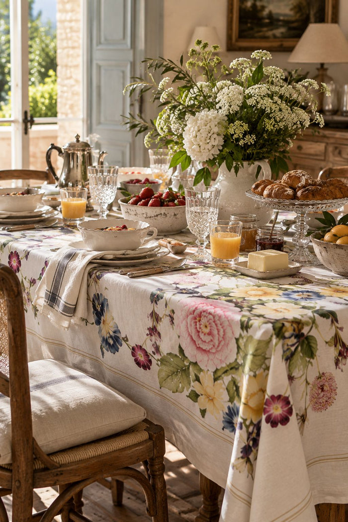Mantel Flower Garden de Grace & Co en mesa de desayuno