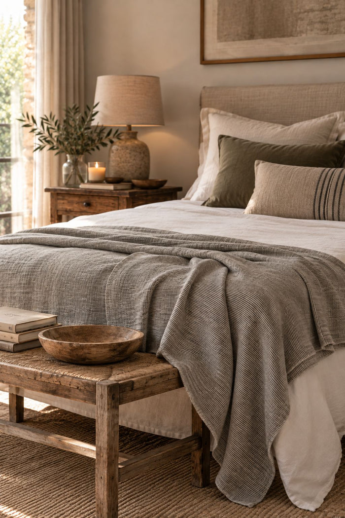 Mantel Rayas, utilizado como cubre cama | Grace & Co.